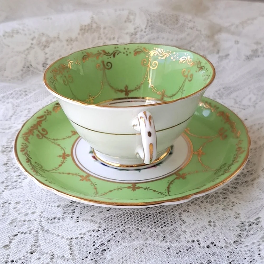 Vintage Grosvenor Jackson & Gosling Bone China Teacup Saucer Green Gold Floral